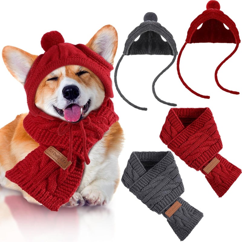 Cutecrop 4 Pcs Knitted Doggie Scarf and Hat Set Winter Dog Hat Puppy Beanie Cat Cap Winter Neck Ear Warmer for Small Dogs and Cats(Red & Gray) - Image 1
